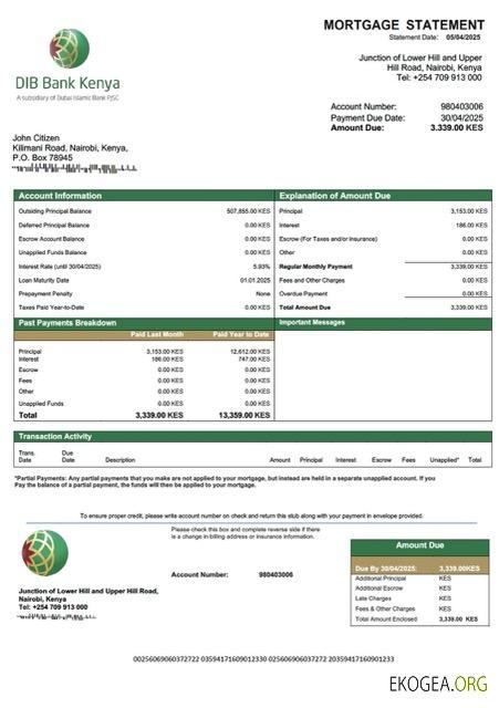 Kenya DIB Bank Kenya relevé hypothécaire Modèle Word et PDF